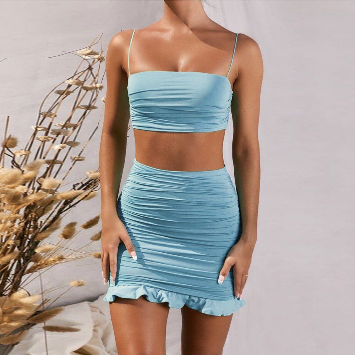 Spaghetti Strap Crop Top with Mini Bodycon Skirt Set