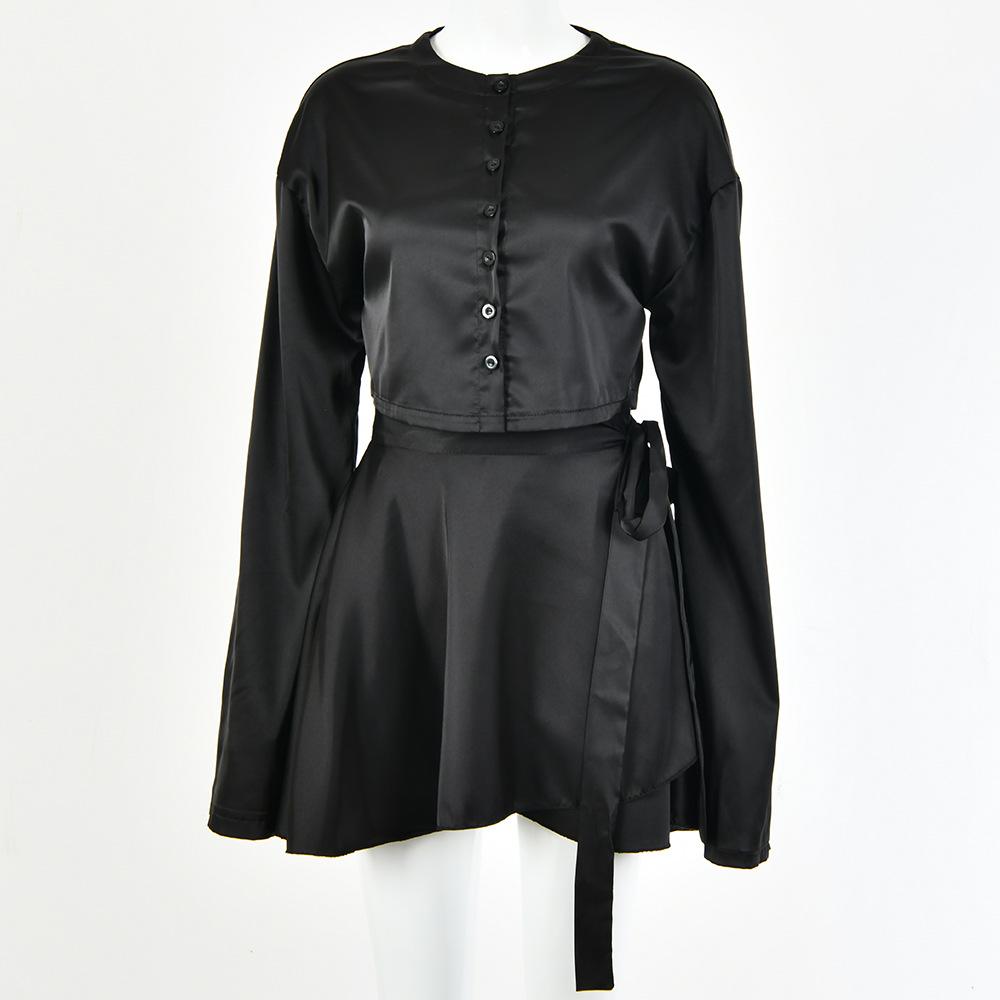 Satin High-Waisted Mini-Skirt with a Long Sleeve Blouse Set