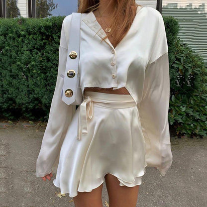 Satin High-Waisted Mini-Skirt with a Long Sleeve Blouse Set