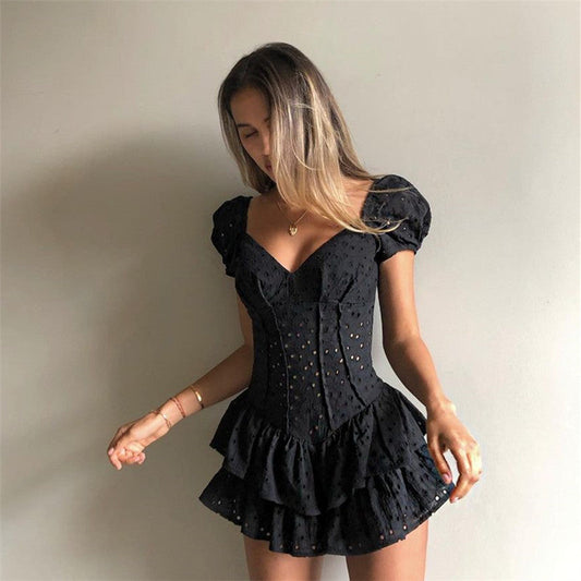 Ruffled V-Neck Pleated Mini-Dress