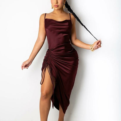 Ruched Satin Spaghetti Straps Dress