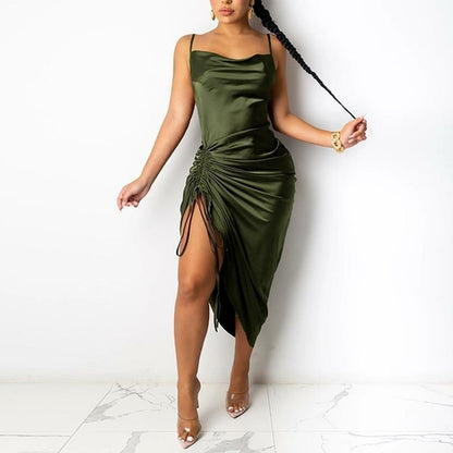 Ruched Satin Spaghetti Straps Dress