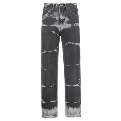 Partially Bleached Loose Straight Denim Jeans