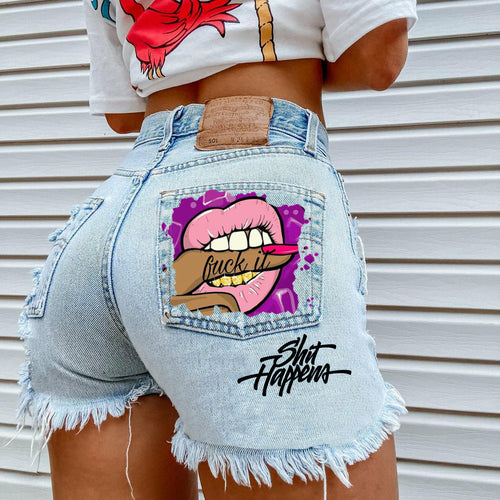 "F*** it" High Waisted Y2K Denim Shorts