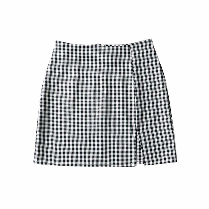 Plaid High-Waisted Split Skirt