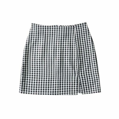 Plaid High-Waisted Split Skirt