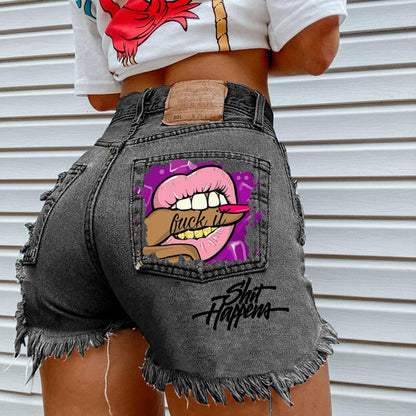 "F*** it" High Waisted Y2K Denim Shorts