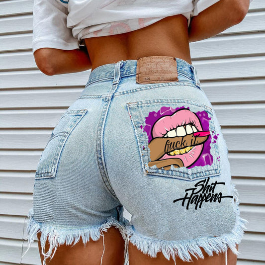 "F*** it" High Waisted Y2K Denim Shorts