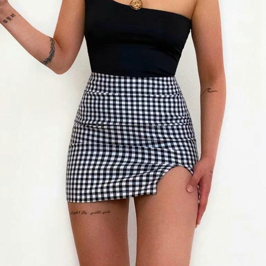 Plaid High-Waisted Split Skirt