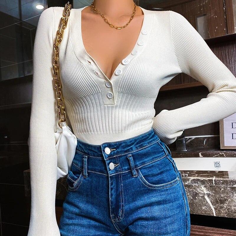 Long Flared Sleeve Button-Up Knitted Bodysuit