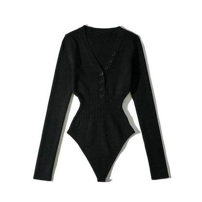 Long Flared Sleeve Button-Up Knitted Bodysuit