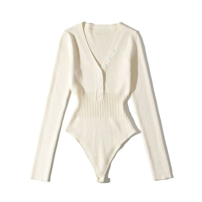 Long Flared Sleeve Button-Up Knitted Bodysuit