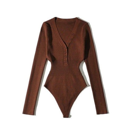 Long Flared Sleeve Button-Up Knitted Bodysuit